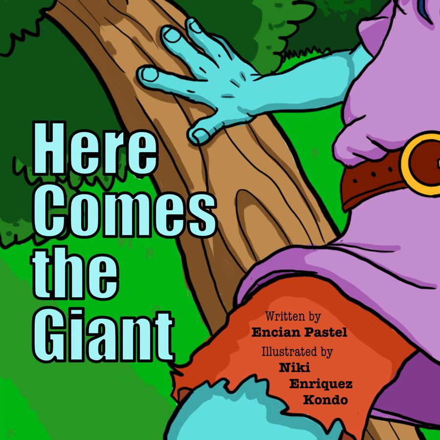 Cover of Here Comes the Giant, showing a giant with turquoise skin and a purple dress leaning against a tree in a green forest